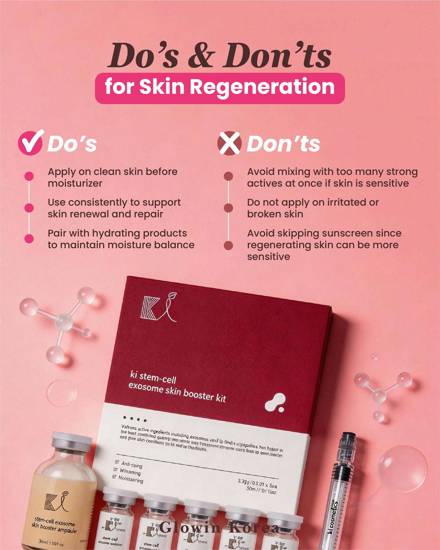 Exosome skin regeneration guide with 'Do's' and 'Don'ts', featuring a skin care product kit.
