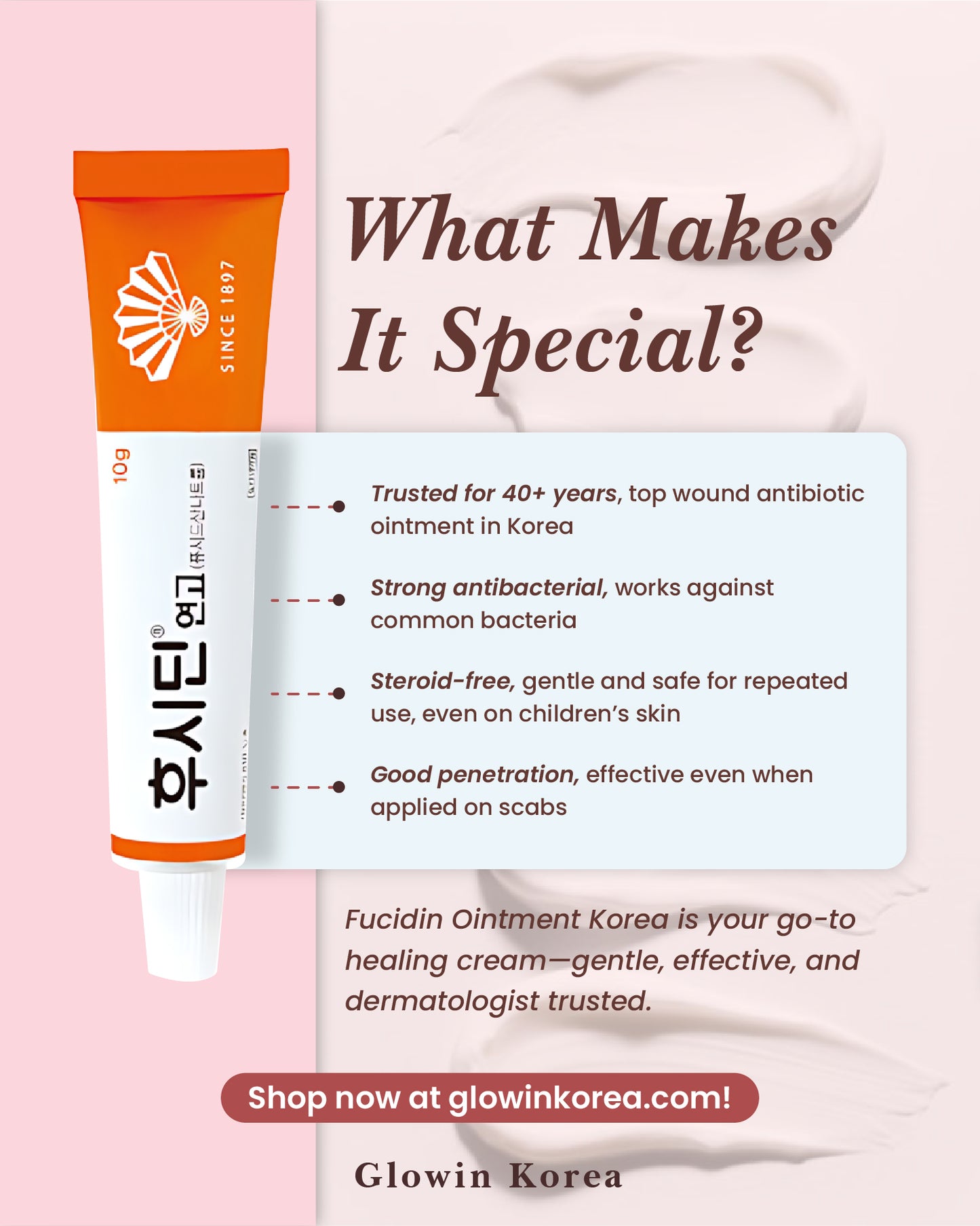 Glowin Korea Fucidin Ointment packaging with its features