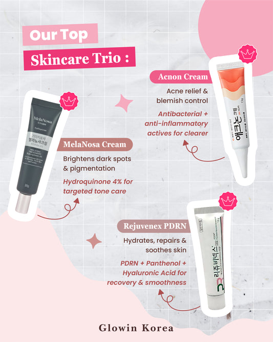 Our Top Skincare Trio: MelaNosa Cream, Acnon Cream, Rejuvenex PDRN - Glowin Korea