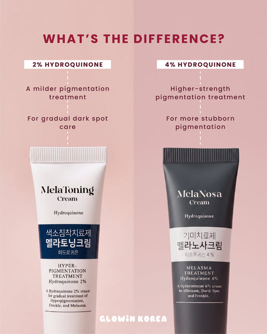 MelaToning Cream (2% Hydroquinone) vs. MelaNosa Cream (4% Hydroquinone) comparison — Glowin Korea