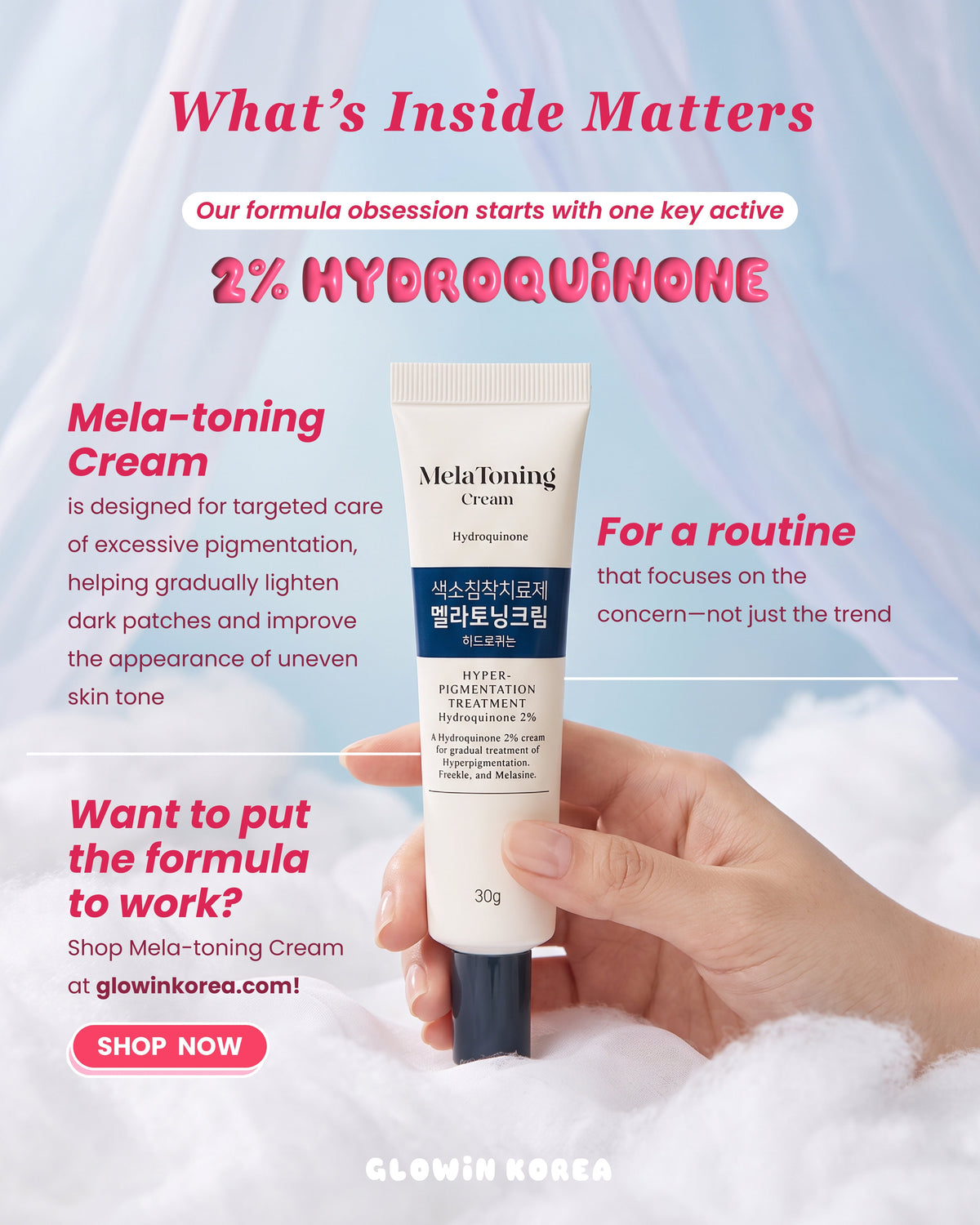 MelaToning Cream with 2% Hydroquinone for hyperpigmentation treatment — Glowin Korea