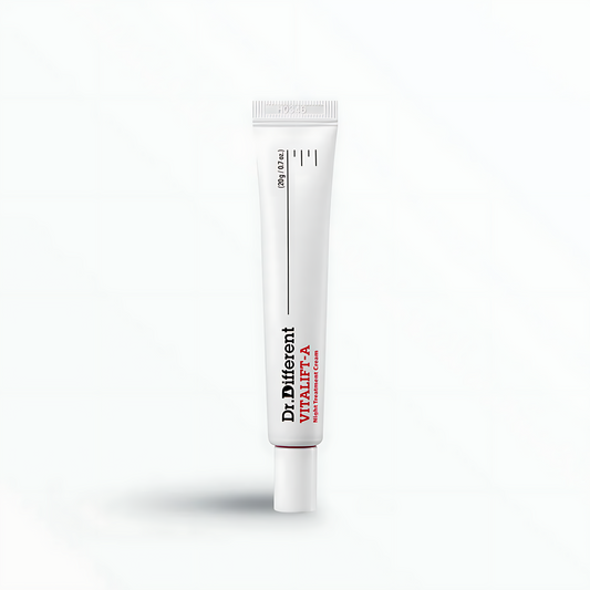 A white squeeze tube of Dr. Different Vitalift-A Eye Cream with black and red text, centered on a clean white background with a soft shadow.