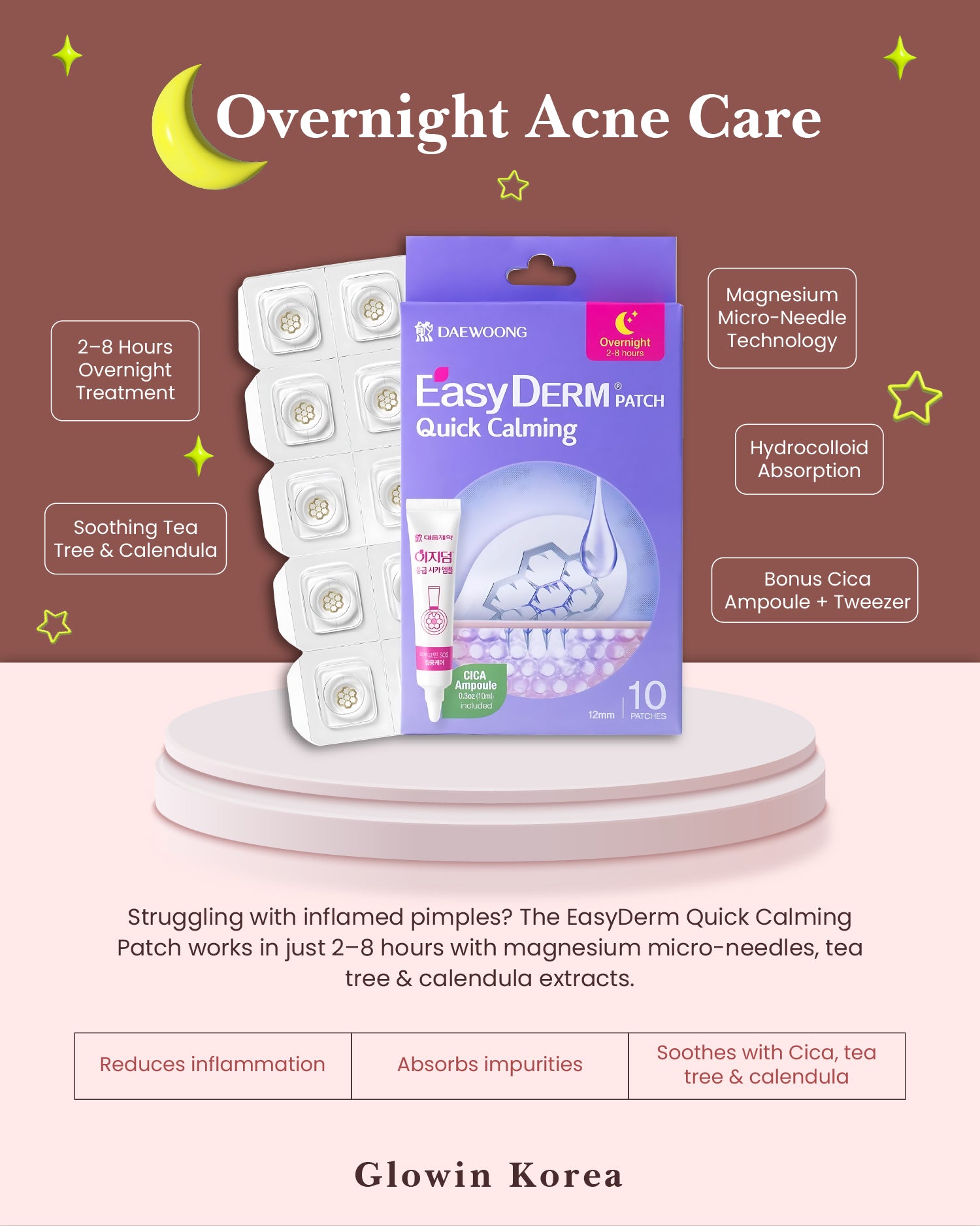 EasyDERM Quick Calming Patch packaging with product details on a brown background