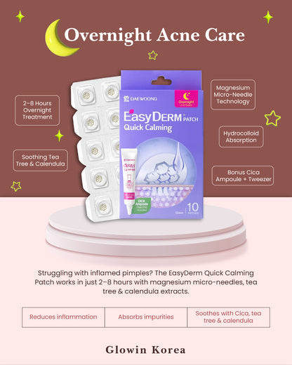 EasyDERM Quick Calming Patch packaging with product details on a brown background