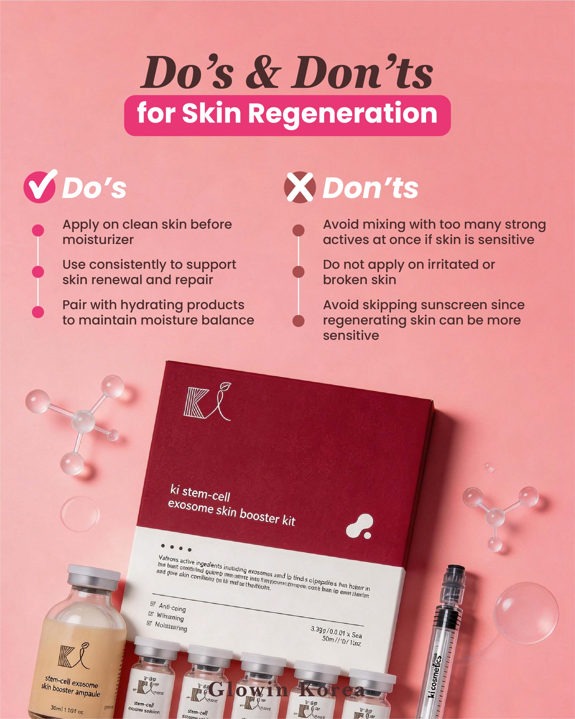 Exosome skin regeneration guide with 'Do's' and 'Don'ts', featuring a skin care product kit.