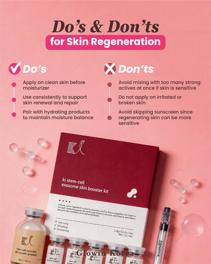 Exosome skin regeneration guide with 'Do's' and 'Don'ts', featuring a skin care product kit.